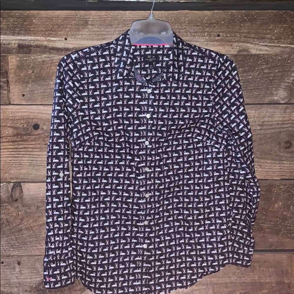 Talbots Button Down L/S Swan Pattern Collar Sz 10p - image 1